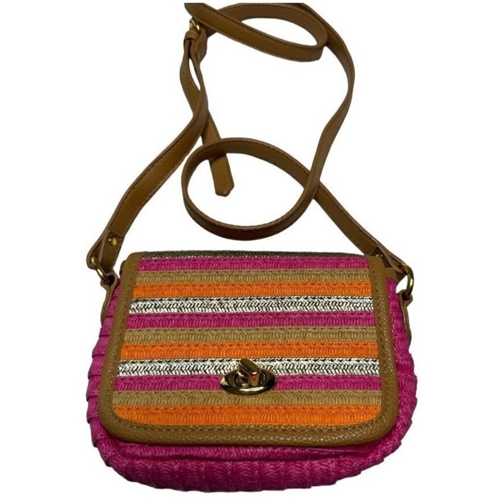 Sun N Sand Woven Straw Crossbody Bag Pink Orange Striped Boho Summer Purse